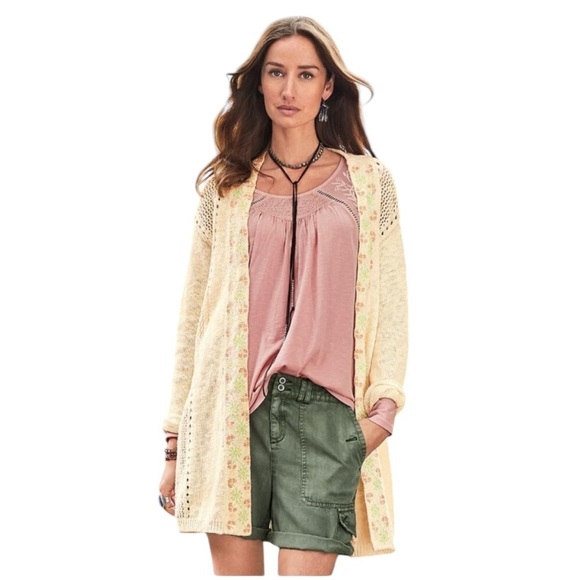 SUNDANCE Embroidered Lattice Lace Open Front Cotton/Linen Blend Duster Cardigan - Picture 1 of 10